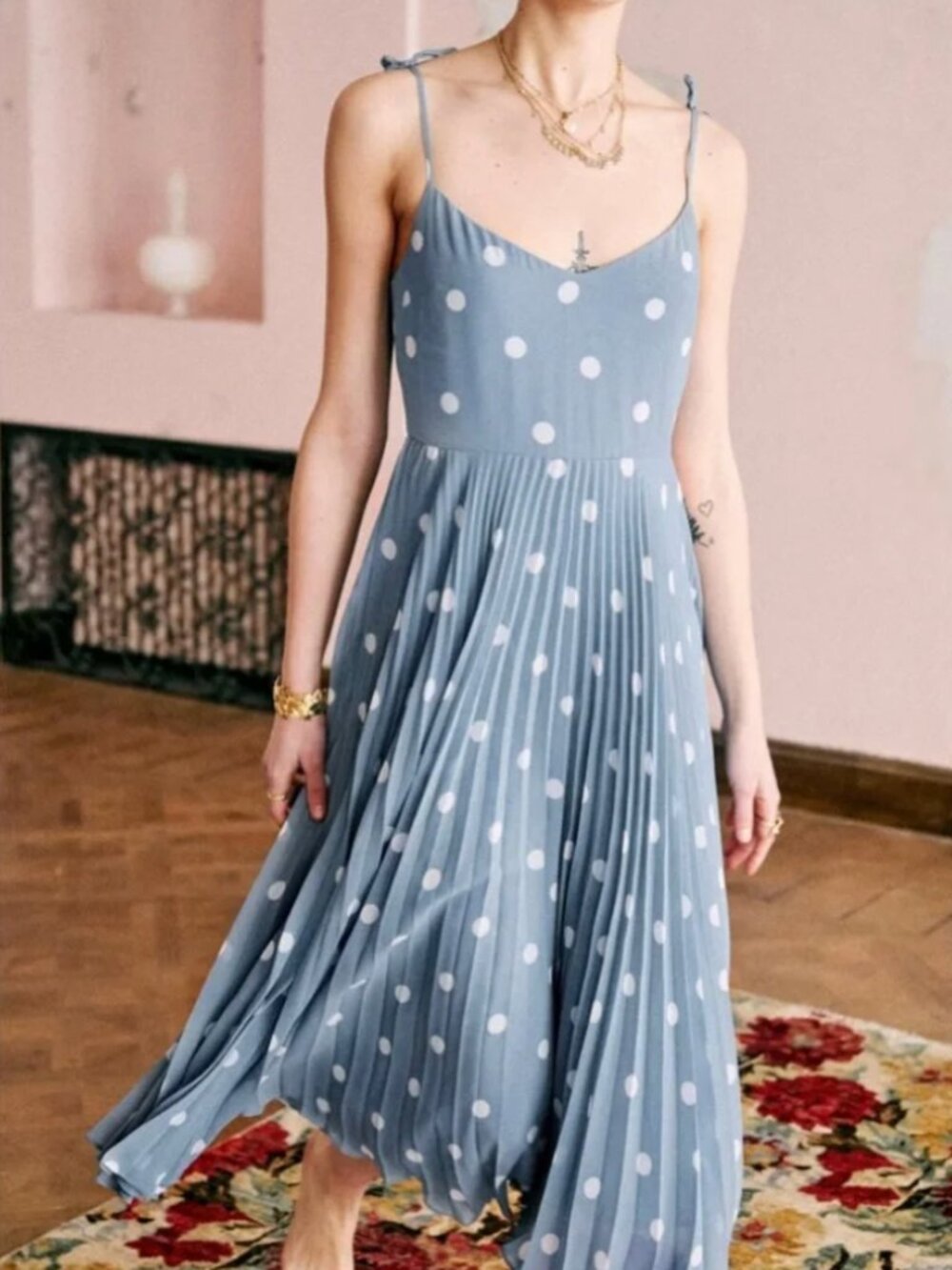 Sezane Nissa Dress Ecru Dots Blue Background 36
